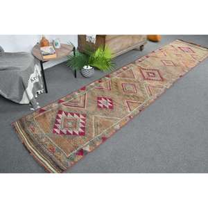 Tapis Turc Vintage Rustique Rouge Orange 2.4X11 pieds Grande Surface Patchwork Design pour Couloir Chambre Laine Latex pour Chambre Chevet - Product Image 1