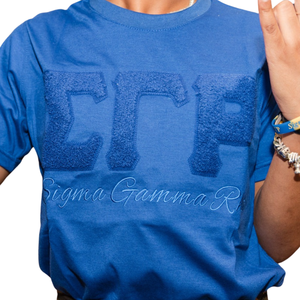 Sigma Gamma Rho Sorority Chenille <b>Royal</b> <b>Blue</b> Summer Eco-Friendly Womens Greek Letters Premium Cotton Short Sleeve T-<b>Shirt</b> Greek - Product Image 3