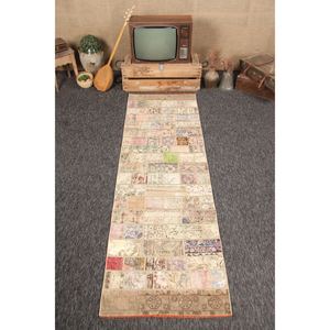 พรมตุรกีขนาดเล็ก 2.8x8.6 ฟุต พรมวินเทจ สีเบจลายเรขาคณิตสีรุ้ง พร้อมลวดลายดอกไม้ - Product Image 1