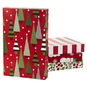Coffrets cadeaux de Noël avec couvercles dans des motifs assortis Arbres, rayures, bonhommes de neige, houx rouge, vert et blanc Boîtes à chemises à motifs - Product Image 1