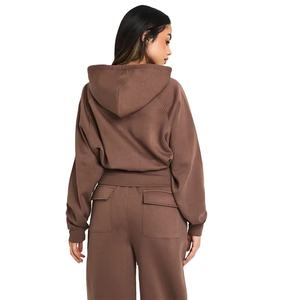 Vente en gros de pulls classiques à capuche pour femmes, sweat-shirt décontracté à manches longues en coton et molleton de couleur unie avec capuche - Product Image 2