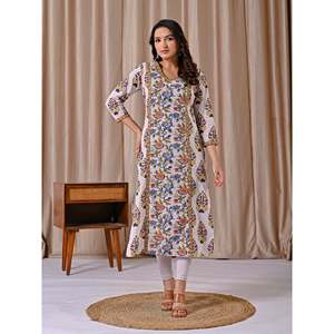 Kurti Blanco Multicolor con Estampado Jaal, Corte Recto, Estilo Étnico Indio, Material de Algodón y Seda, Bordado, para Fiestas, Estilo Bollywood - Product Image 3