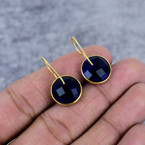 Pendientes de Plata de Ley 925 de zafiro azul, alambre de piedras preciosas delicadas chapadas en oro, regalo de fiesta de boda de moda para mujer - Product Image 4