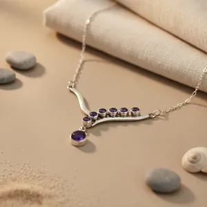 Collier en argent 925 avec améthyste pour femme, bijoux tendance en pierres précieuses avec diamant, perle, quartz, pour mariage et fiançailles - Product Image 2