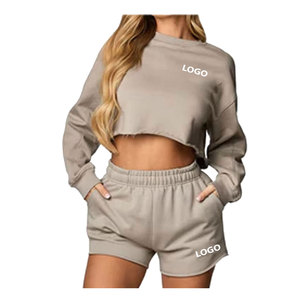 Haute qualité femmes décontracté Joggers formation deux pièces survêtement col rond Simple pantalon court haut ample tissu tricoté motif de travail - Product Image 2