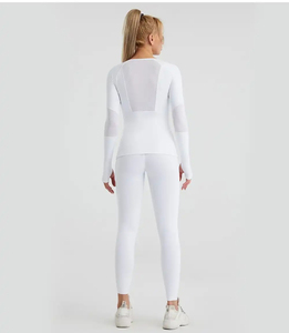 Costura personalizada cuello redondo camisas de compresión térmica entrenamiento Yoga capa Base agujero pulgar mujeres manga larga camisas térmicas - Product Image 3