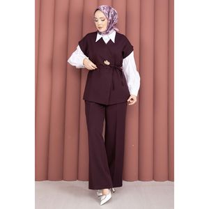 Conjunto Casual de Otoño y Verano, Chaleco con Botones Dorados y Cinturón, Pantalones de Crepé Color Ciruela, Corte Ajustado, Top Corto y Pantalones Cortos - Product Image 5