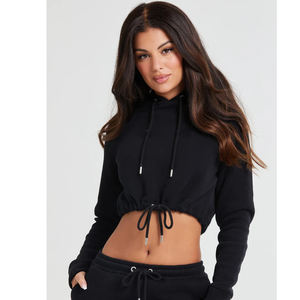 Sudaderas de moda para mujer Sudadera con capucha de manga larga Jersey Casual Sexy Color sólido Sudaderas con capucha Crop Tops Algodón para mujer - Product Image 4