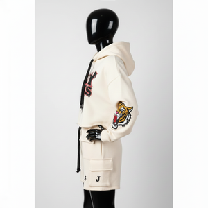 Premium 300 GSM Cotton Polyester Fleece Hoodie And Shorts <b>Set</b> Women Cream Streetwear Custom Logo Print <b>Embroidery</b> <b>Set</b> for Women - Product Image 5