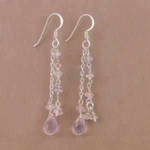Boucles d'oreilles pendantes en argent 925 plaqué or 18 carats avec quartz rose pour femmes, pour mariage ou soirée, incrustées de diamants et de moissanite - Product Image 2