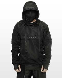 เสื้อแจ็คเก็ตผ้าแคนวาสแบบไม่มีปกสำหรับผู้ชาย สไตล์ Techwear สีดำ มีฮู้ด หลายกระเป๋า แบรนด์ Oem High Street - Product Image 1