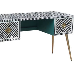 Ensemble de bureau et de tabouret en incrustation d'os fait à la main, design floral noir et blanc avec base en laiton, coiffeuse en incrustation d'os - Product Image 1