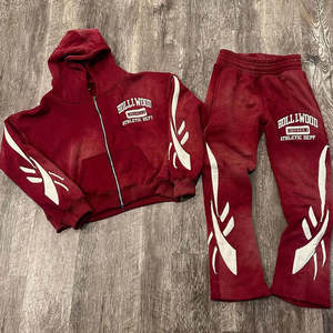 New Arrival Winter Hooded Solid Distressed Design Custom Embroidery <b>Applique</b> Sun-Faded Acid Wash Flared Sweat Suit Streetwear - Product Image 2