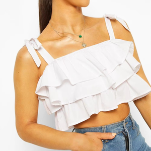 Wholesale Summer <b>White</b> Tie Shoulder Ruffle <b>Crop</b> <b>Top</b> Women Summer Sexy Sleeveless Square Neck <b>Crop</b> <b>Top</b> Summer Wear - Product Image 2