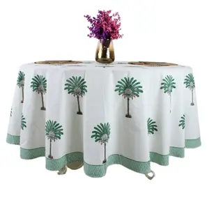 トレンド製品2024パイングリーンパームラウンドテーブルクロスインド花柄ハンドブロックプリント綿布テーブルカバー家の装飾