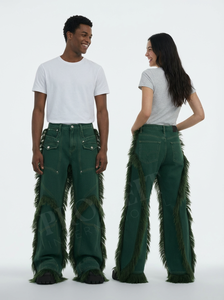 Pantalons à franges en denim vert en gros OEMODM, jambes larges, streetwear, taille haute, coupe ample, pantalon utilitaire tendance pour hommes et femmes - Product Image 6