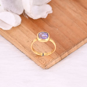 Solid 925 <b>Sterling</b> <b>Silver</b> Natural Tanzanite Cushion Gemstone <b>Adjustable</b> Yellow Gold Plated Wedding Engagement Gift <b>Ring</b> - Product Image 4