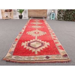 Turkish Rug, 2.8x10.3 ft <b>Runner</b> Rug, <b>Red</b> Gray Herki Wool Rug - Product Image 5