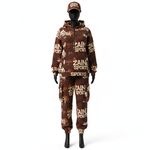 Women Premium Fleece Tracksuit 300GSM Cotton Polyester Soft <b>Brushed</b> Fabric Brown All Over Print Custom Logo Tracksuits Plus size - Product Image 6