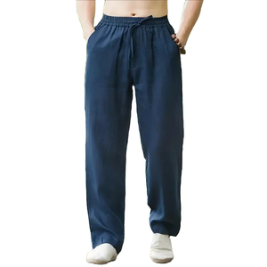 Ropa de verano Pantalones de lino casuales para hombres y pantalones de lino de patrón sólido recto de cintura elástica transpirable de color sólido - Product Image 1