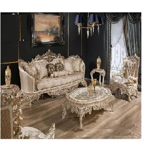 Juego de sofá italiano de lujo clásico tallado a mano de madera real Juego de sofá de 5 plazas de madera de teca real Tema real Sala de estar tallada a mano - Product Image 1
