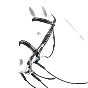 Brida de caballo estilo brida doble de lujo incomparable de acero inoxidable con rienda de cuero con logotipo personalizado para carreras y equitación - Product Image 1
