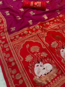 Vêtements pour femmes de haute qualité pour les festivals, sari indien en tissu de soie doux, bordure contrastée, robe traditionnelle, style sud-indien - Product Image 5