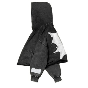 No Pocket Sun Faded Cut Edge Custom Acid Wash Cropped <b>Hoodies</b> <b>Men</b> Raw Hem Applique Distressed Patch Embroidery <b>Hoodies</b> oem - Product Image 4