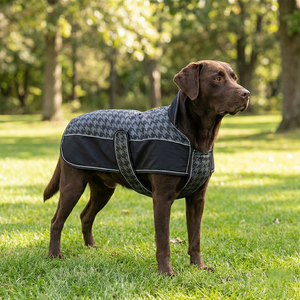 เสื้อโค้ทสุนัขลายตารางหมากรุกสีดำเทา พับเก็บได้ น้ำหนักเบา สายรัดปรับได้ ทันสมัย เสื้อแจ็คเก็ตสำหรับสัตว์เลี้ยงในฤดูหนาว ให้ความสบายในอากาศหนาว - Product Image 1