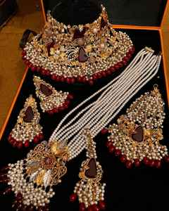 Gold Plated Necklace <b>Set</b> in Cz and Ruby Stones with Pearls Beads Custom Demand Color - Product Image 6