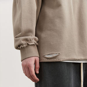 100% algodón de gran tamaño gota hombro rasgado lavado vintage streetwear cuello redondo francés Terry en blanco sudadera desgastada sudaderas con capucha - Product Image 3