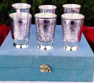 Set of Six Engraved German Silver Water Drinking <b>Glasses</b> Traditional Nickel Silver Tumblers with Antique Look - Product Image 2
