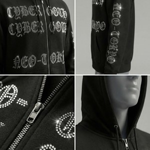 Sweat-shirt à capuche Y2K Streetwear pour homme, hiver, en polaire écologique, avec strass, motif graphique gothique cyber, coupe classique, noir - Product Image 4