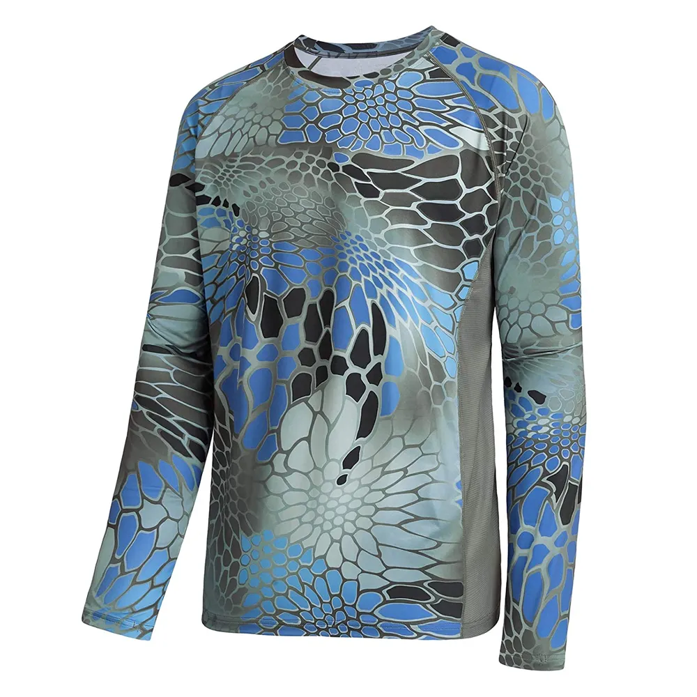 Camisa de pesca de manga longa de secagem rápida por sublimação personalizada para homens, camisa elegante de pesca ao ar livre, com preço de atacado