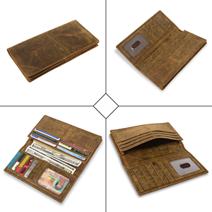 Portefeuille long en cuir véritable avec blocage RFID pour femmes |   Porte-monnaie et porte-cartes vintage fait main avec un design pliable à plusieurs fentes - Product Image 6