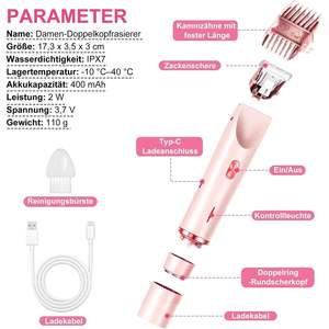 Depiladora Eléctrica Recargable USB-C de Doble Cabezal para Mujer, para Cara, Piernas, Brazos y Área del Bikini, Uso en Seco y Húmedo, Resistente al Agua IPX7, Lavable - Product Image 1