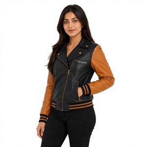 Chaqueta de Motociclista de Cuero Sintético para Mujer Tiierwear, Color Negro y Marrón en Contraste, Cierre de Cremallera Frontal, Manga Larga, Estilo Otoñal - Product Image 1