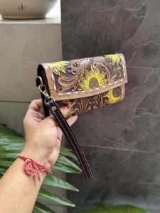 Recién llegado, embrague tallado a mano, elegante billetera de cuero Sun Flower, multiusos, billeteras de cuero occidental - Product Image 3