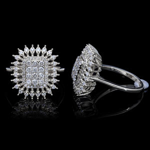 แหวนเพชรธรรมชาติสีขาว14K หรูหราพร้อมรัศมีพระอาทิตย์และการตั้งค่าหลายแถวที่สลับซับซ้อนเพื่อความสง่างามเหนือกาลเวลา - Product Image 3