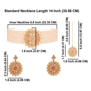 Faux Pearl <b>Beaded</b> Multi Layered Crystal Kundan <b>Choker</b> <b>Necklace</b> Earring Mang Tikka Set, White - Product Image 3