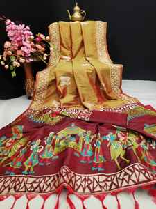 Look élégant Bollywood Design Wedding Wear Saree en soie brute douce avec fabricant de travaux imprimés antiques de Surat - Product Image 4