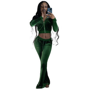 Solid Velvet Sweatsuit Women Two Piece Sport Suit Zipped Long Sleeve Crop Coat and <b>Bell</b> Bottom Pant Velour Tracksuit 2025 - Product Image 1
