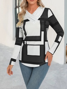 Camiseta de Manga Larga con Cuello en V para Mujer, Estampado Geométrico, Informal, Transpirable - Product Image 3