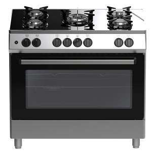 Cuisinière à gaz encastrable 5 brûleurs avec triple brûleur central, plaque vitrocéramique blanche, four en verre noir, appareil de cuisine - Product Image 1