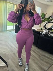 New Product Drawstring Waist Exposed Umbilical Top High Waist <b>Tight</b> Pants Set for Women - Product Image 4