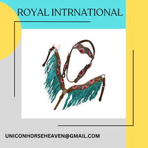 Collier de poitrail et têtière pour cheval western, fabriqués à la main et de qualité supérieure |   Équipement d'équitation en cuir floral orné de franges turquoise - Product Image 3