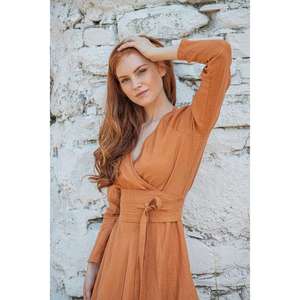 Robe longue en lin à manches longues pour femmes col en V Boho rustique écologique ceinture de taille naturelle robe pleine longueur - Product Image 2