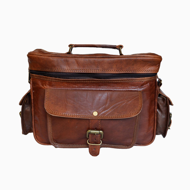 Mens Genuine Leather Camera Bag Brown Crossbody Briefcase Style with Lens Protection and Shoulder Strap