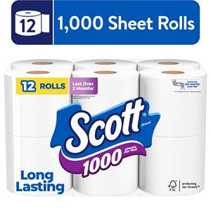 Papier toilette Scott 1000 3 plis en pâte de bois mélangée, 12 rouleaux, 1000 feuilles par rouleau (12000 feuilles au total) - Product Image 2
