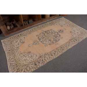 Classic Oriental Beige Wool Rug 3.6 X 6.6 ft Handmade Vintage Turkish Patchwork Design Latex Rectangular Hallway for Bedside Use - Product Image 5